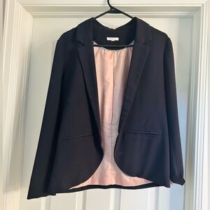 Under Skies Navy Open Front Blazer Pink Lined Tailored Career Jacket Womens Sz M
